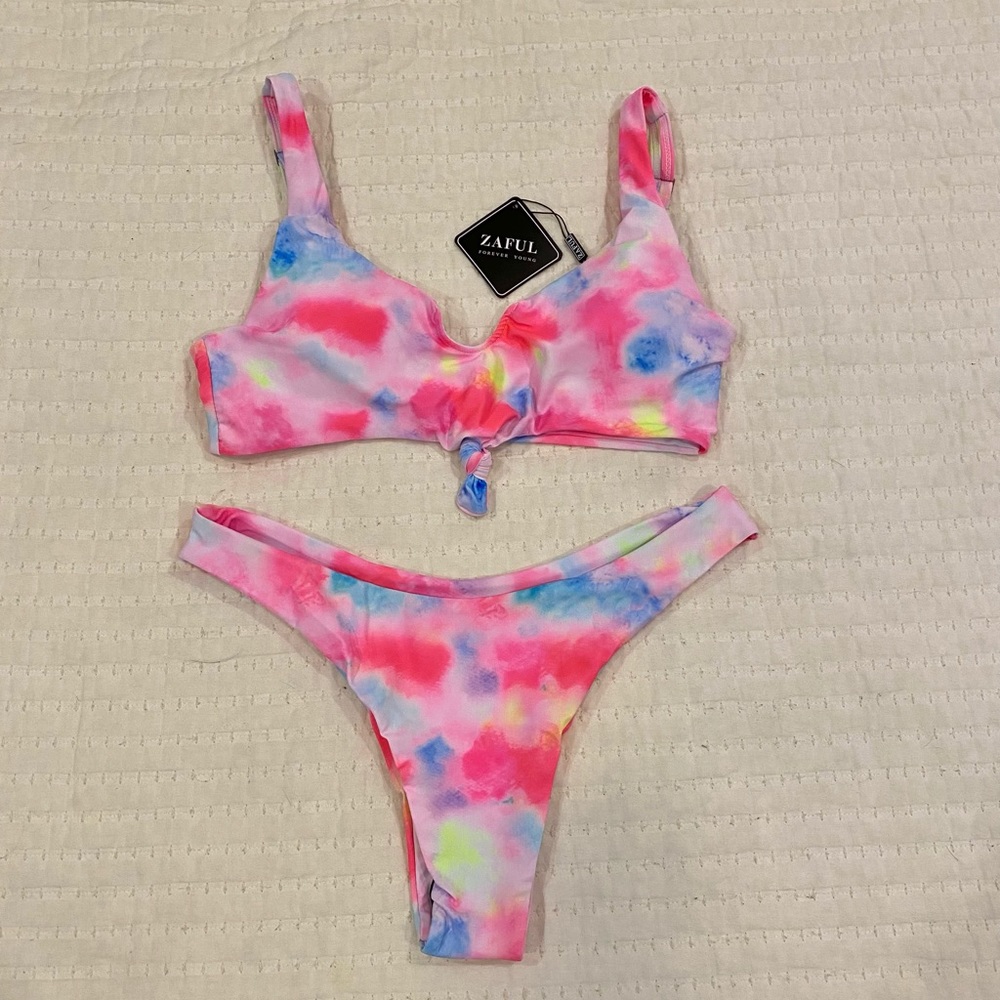 ZAFUL Tie Dye High Waisted Cheeky Bikini Hot Pink Neon